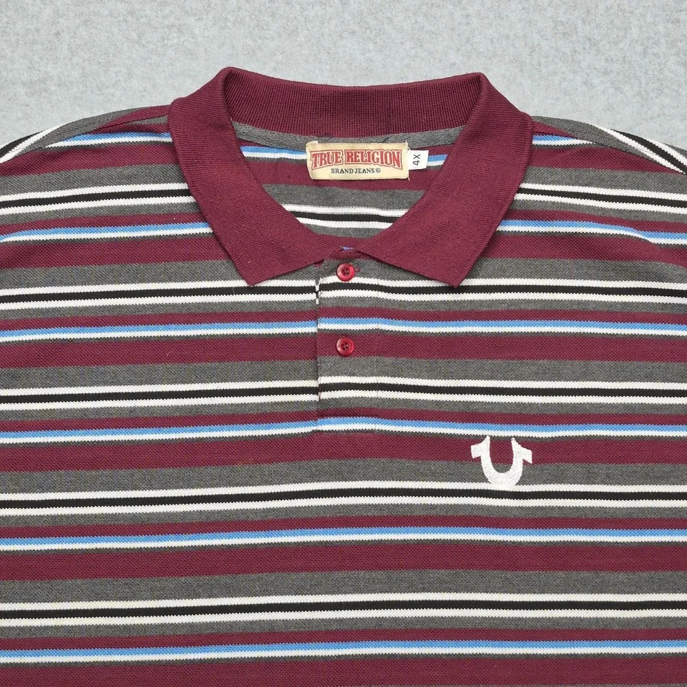 True Religion Shirt Men's 4XL Striped Polo Burgundy Short Sleeve Horseshoe Logo